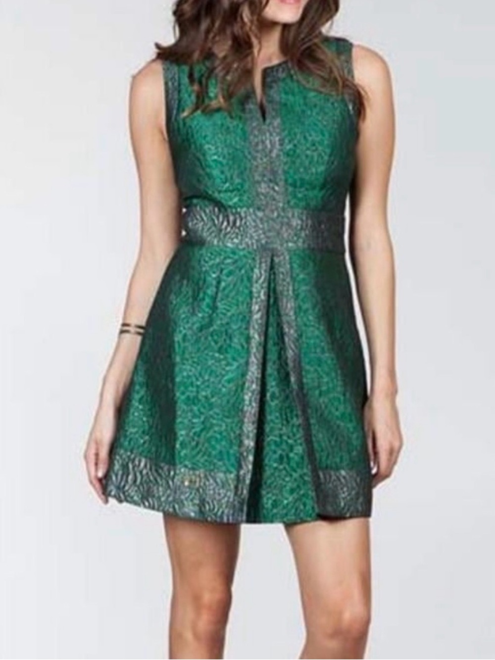 Emerald and Charcoal Metallic Embroidered Cocktail Dress